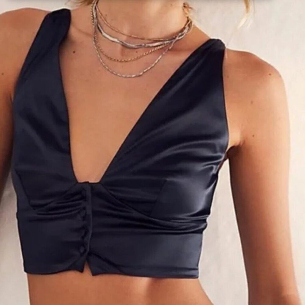 Free People Black Satin Back & Forth Brami Crop Top XS